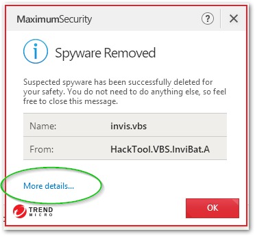 Trend Micro threat notification with More details link